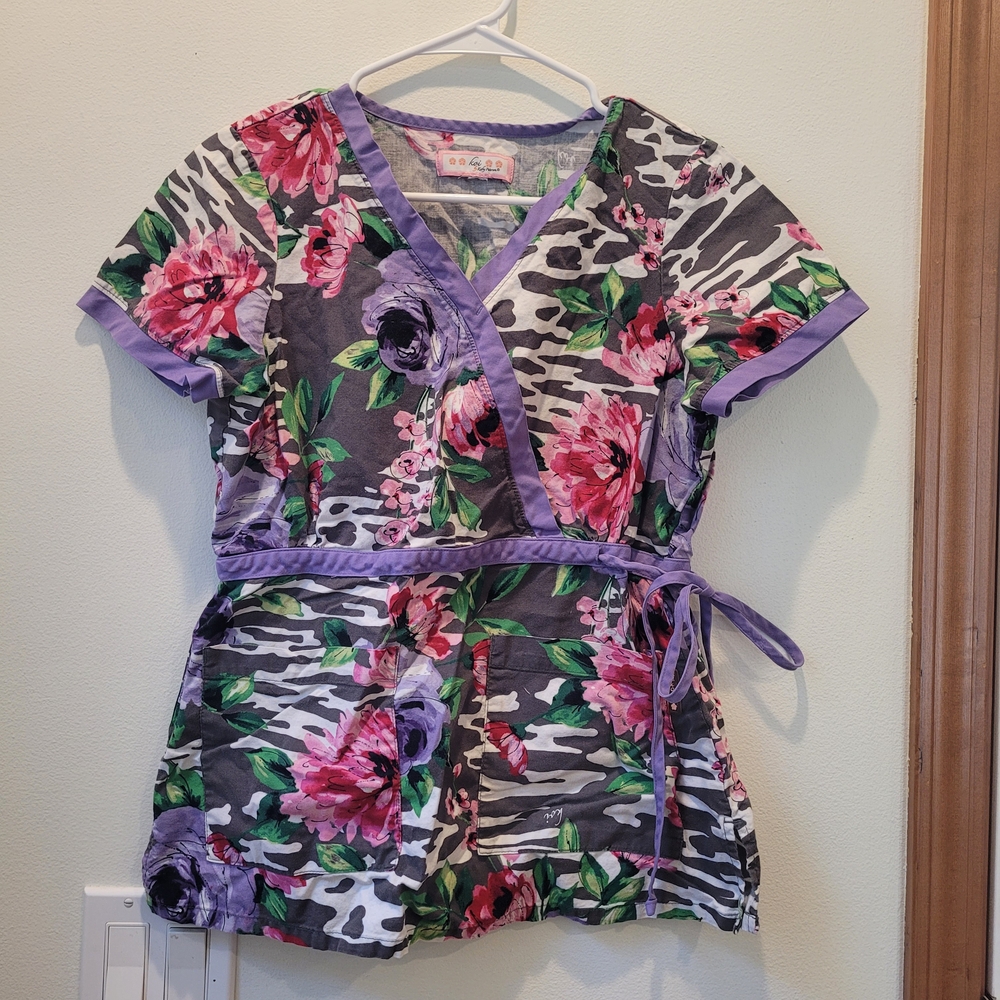 Floral Zebra Print Scrub Top